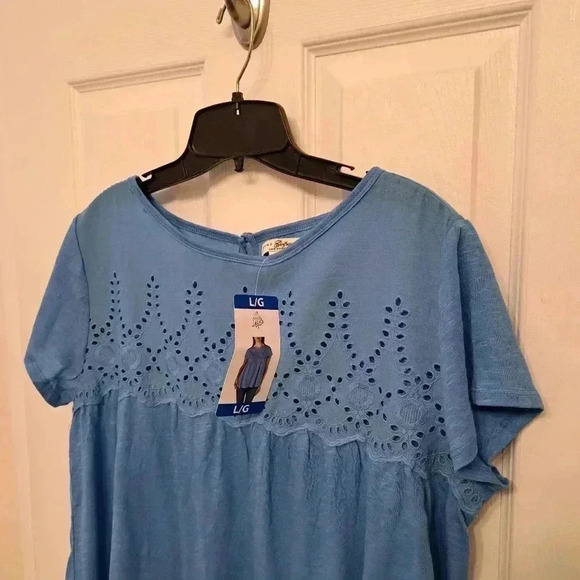 ❤ NWT Jachs Girlfriend Blue Cotton Top Large Slub Knit Short Sleeved Eyelet Yoke - Picture 8 of 12